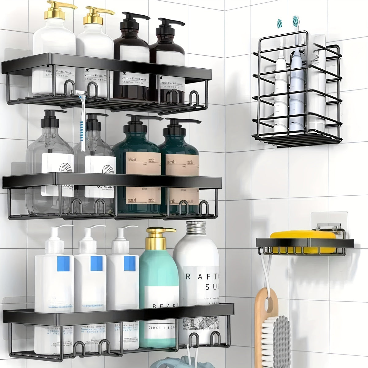Shower Caddy, 5 Pack Shower Organizer Rack for Inside Shower, Self Adhesived Shower Shelf Large Capacity Rustproof Stainless Steel Bathroom Wall Storage Shower Basket, Random Color Properties to Choose, Shower Caddies
