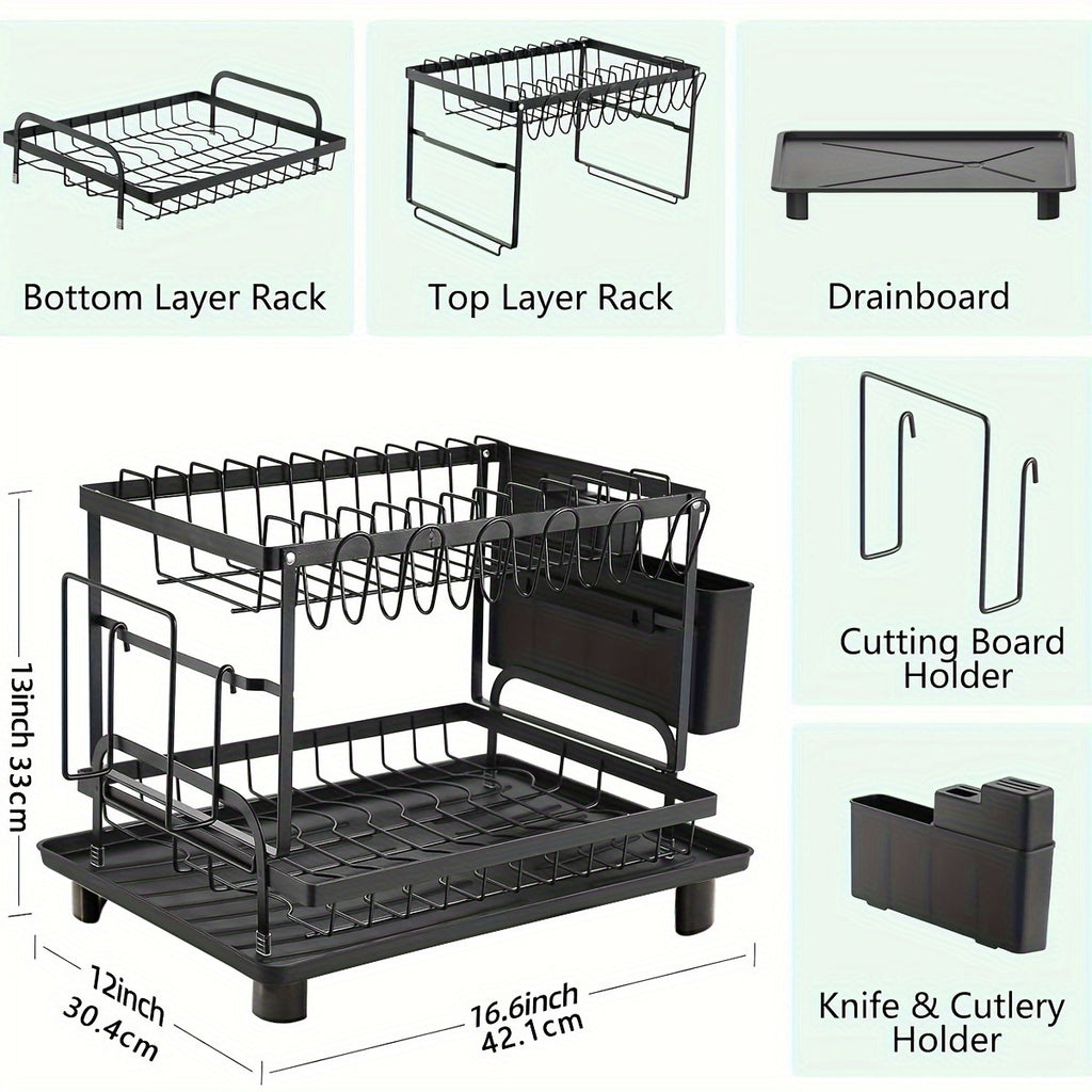 2 Tier Dish Drying Rack for Kitchen Counter, Dish Drainers for Kitchen Counter with Drainboard, Metal Kitchen Dish Rack with Drain, Kitchen Drying Rack Two Tier, Black Dish Racks