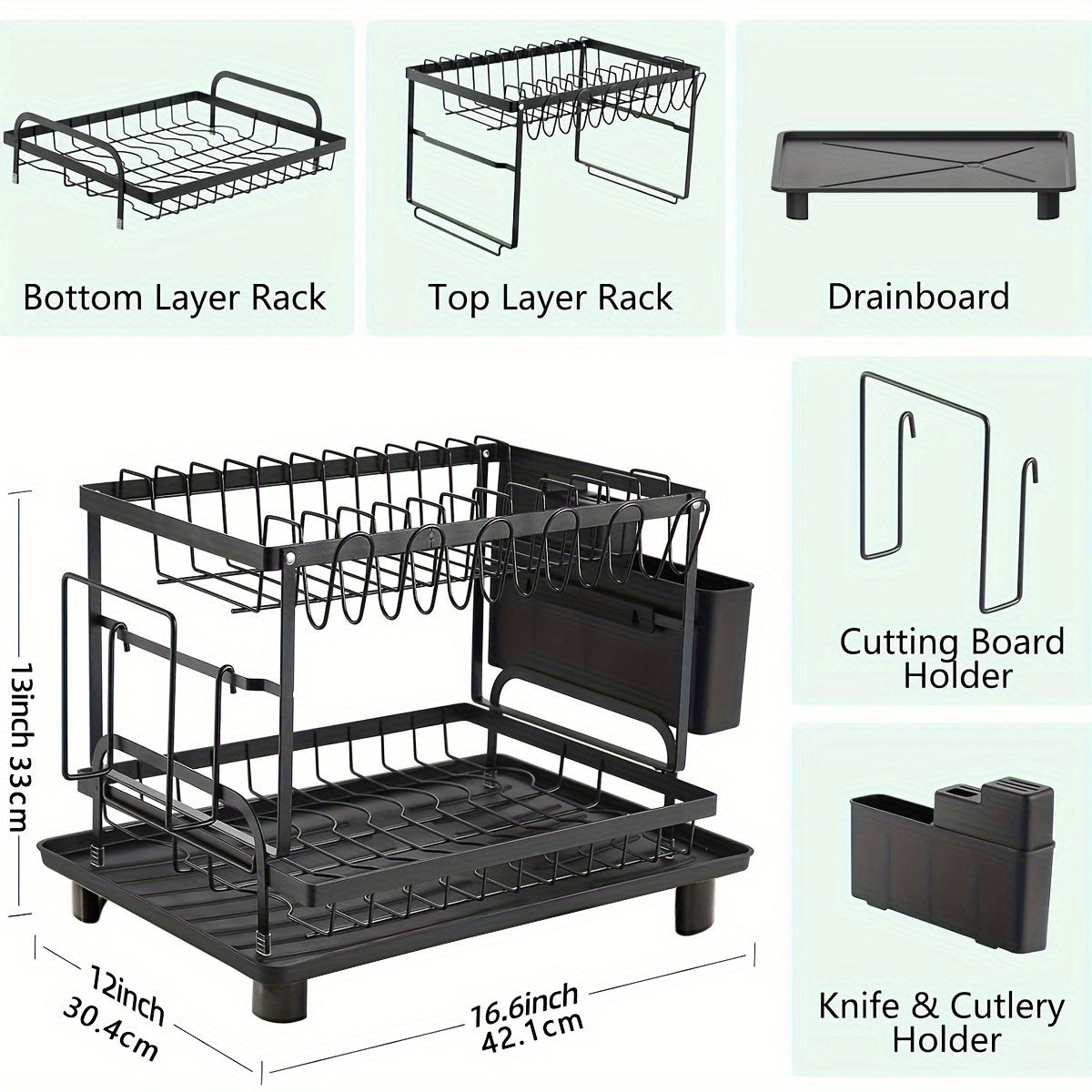 2 Tier Dish Drying Rack for Kitchen Counter, Dish Drainers for Kitchen Counter with Drainboard, Metal Kitchen Dish Rack with Drain, Kitchen Drying Rack Two Tier, Black Dish Racks