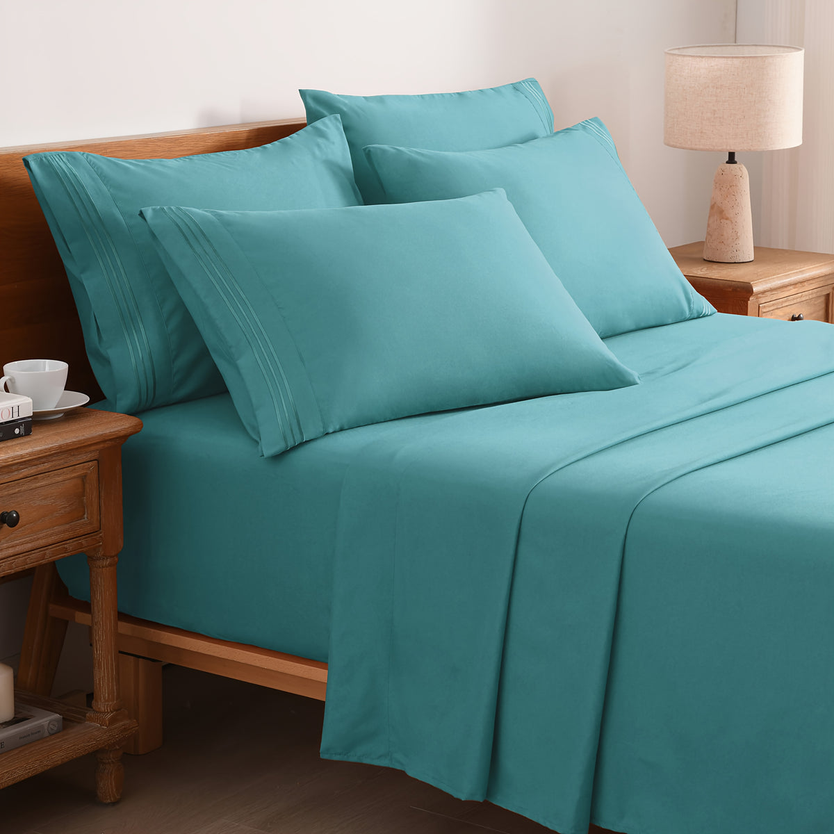 6pcs Summer Cooling Bed Sheet Set, 18 Inch Deep Pocket Ultra Soft Breathable Polyester Solid Color Bedding Three Embroidery 100 GSM Anti Fading Wear Resistant Wrinkle Free Easy Care Bedroom Home Decor