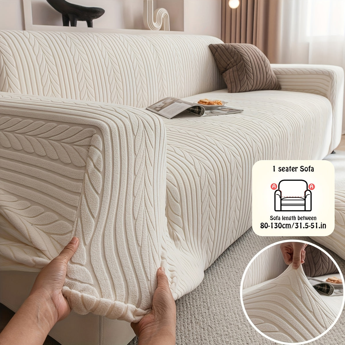 1pc Striped Sofa Cover - Washable, Stretchable, Scratch-Resistant & Non-Slip All-Season Sofa Protector, Fits 1-4 Seater Sofas, White Textured Fabric with Sawtooth Pattern, Perfect for Living Room Decor & Furniture Protection | Durable Protection
