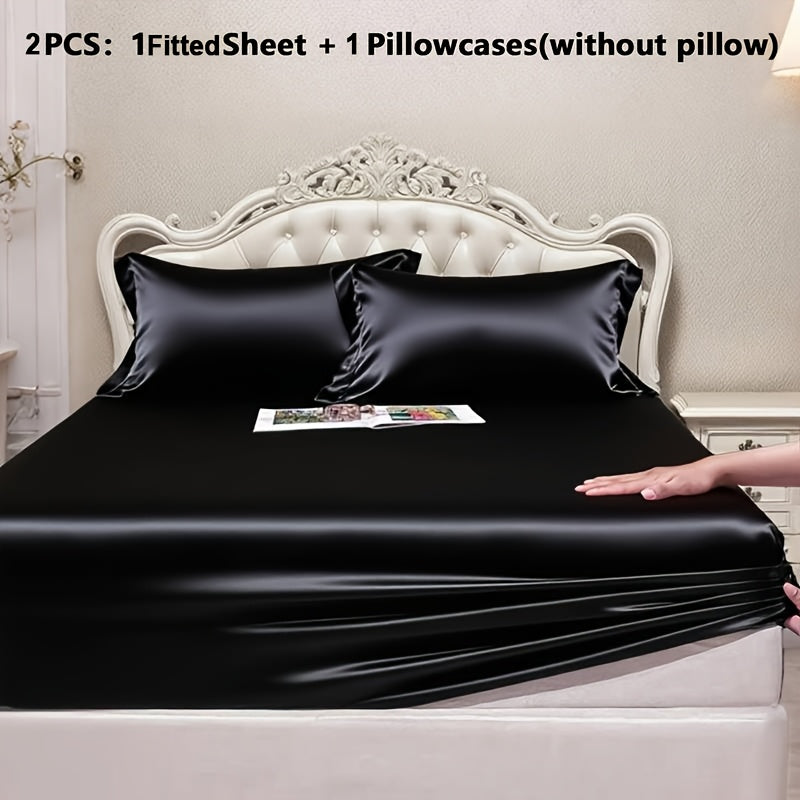 Luxury Satin Fitted Sheet, Fitted Sheet+Pillowcase, Queen Sheet, Cooling, Smooth, Breathable, Wrinkle-Resistant, Machine Washable, Easy Care Ultra Soft for Hot Sleepers Child, Children, Adults, Hotels, Apartments, Wedding Gifts-3000TC Random Color