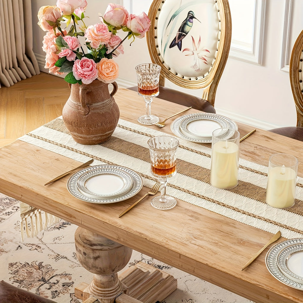 Rustic Boho Table Runner, Textured Farmhouse Table Decor in Brown Green Pink or Grey, 12 x 72 or 118 Inch for Dining Rooms and Bridal Showers