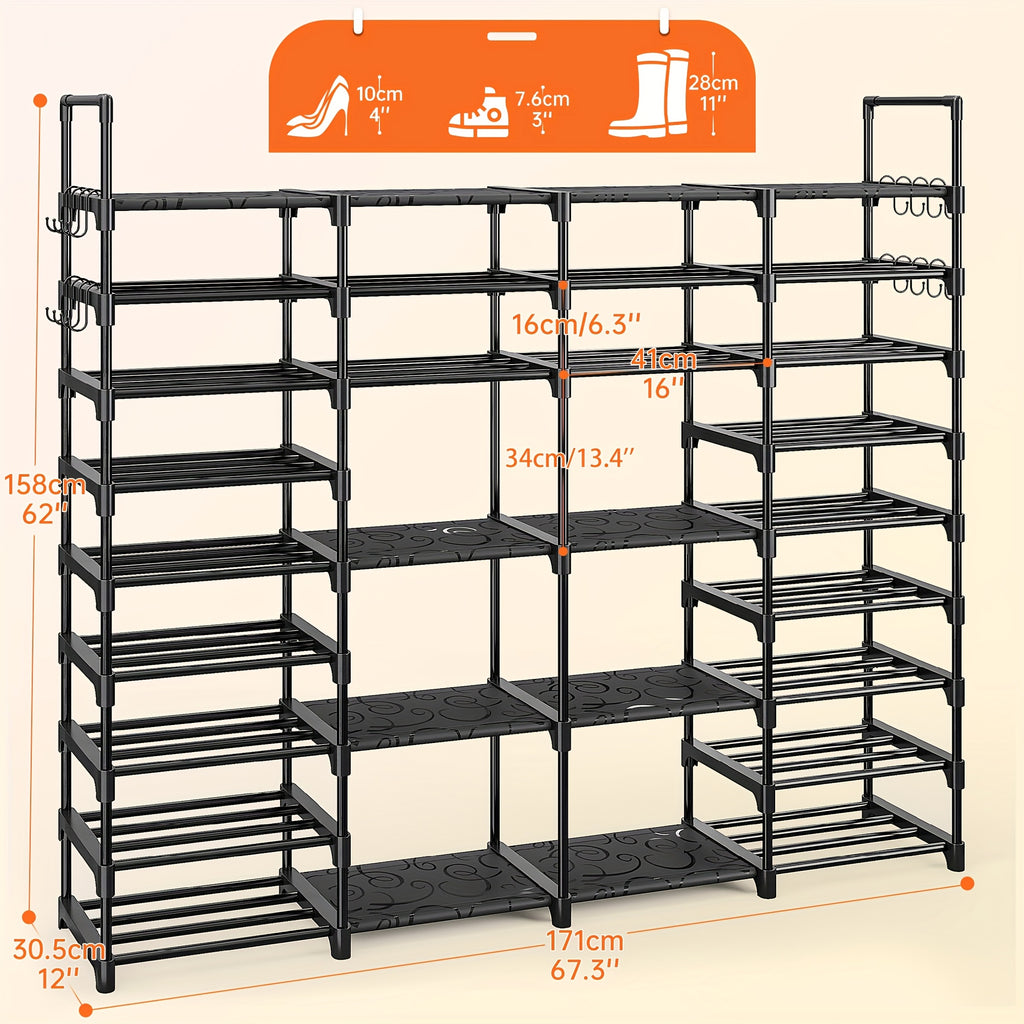 Large Capacity Metal Shoe Rack, Black Shoe Rack Organizer, Boots Storage Rack, 4 Rows 6 Tier & 4 Rows 9 Tier Shoes Rack | Heavy Duty Storage Shelf |Holds 45-72 Pairs Of Shoes|Stable And Durable, Easy to Assemble for Living Room, Bedroom, Dormitory