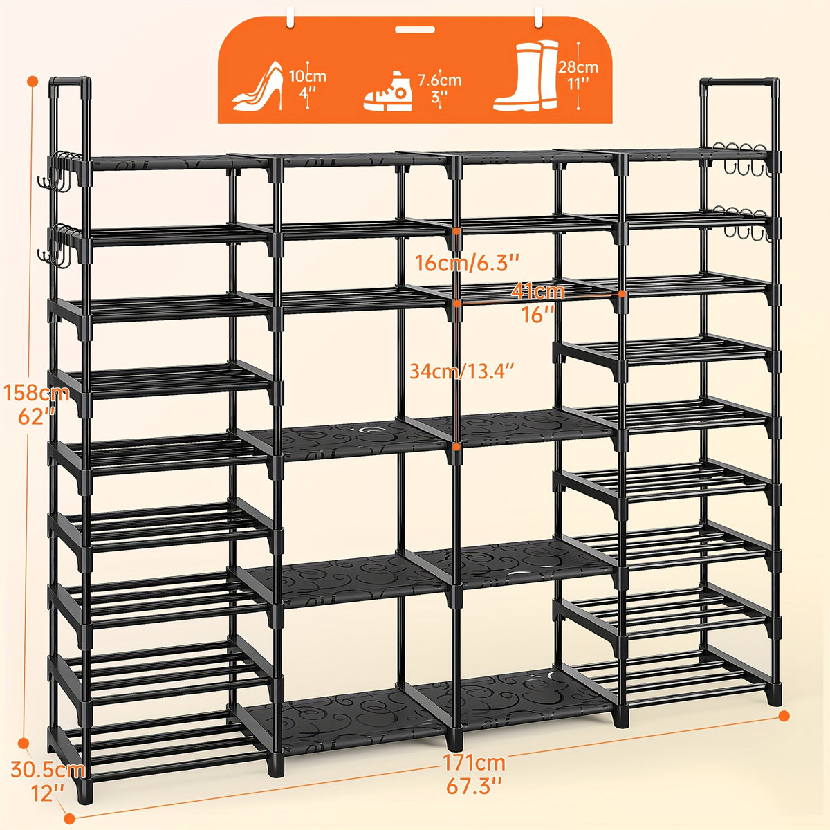 Large Capacity Metal Shoe Rack, Black Shoe Rack Organizer, Boots Storage Rack, 4 Rows 6 Tier & 4 Rows 9 Tier Shoes Rack | Heavy Duty Storage Shelf |Holds 45-72 Pairs Of Shoes|Stable And Durable, Easy to Assemble for Living Room, Bedroom, Dormitory