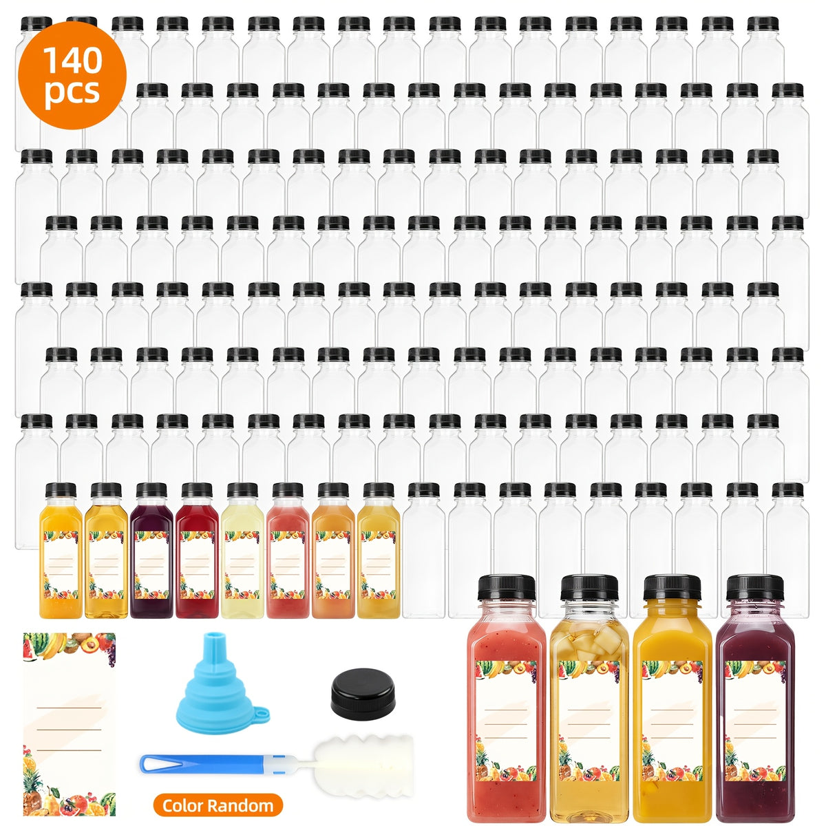 Plastic Juice Bottles with Black Caps, Clear 12 oz and 16 oz Bulk Beverage Containers with Funnel and Sponge Brush for Juicing and Party Drinks
