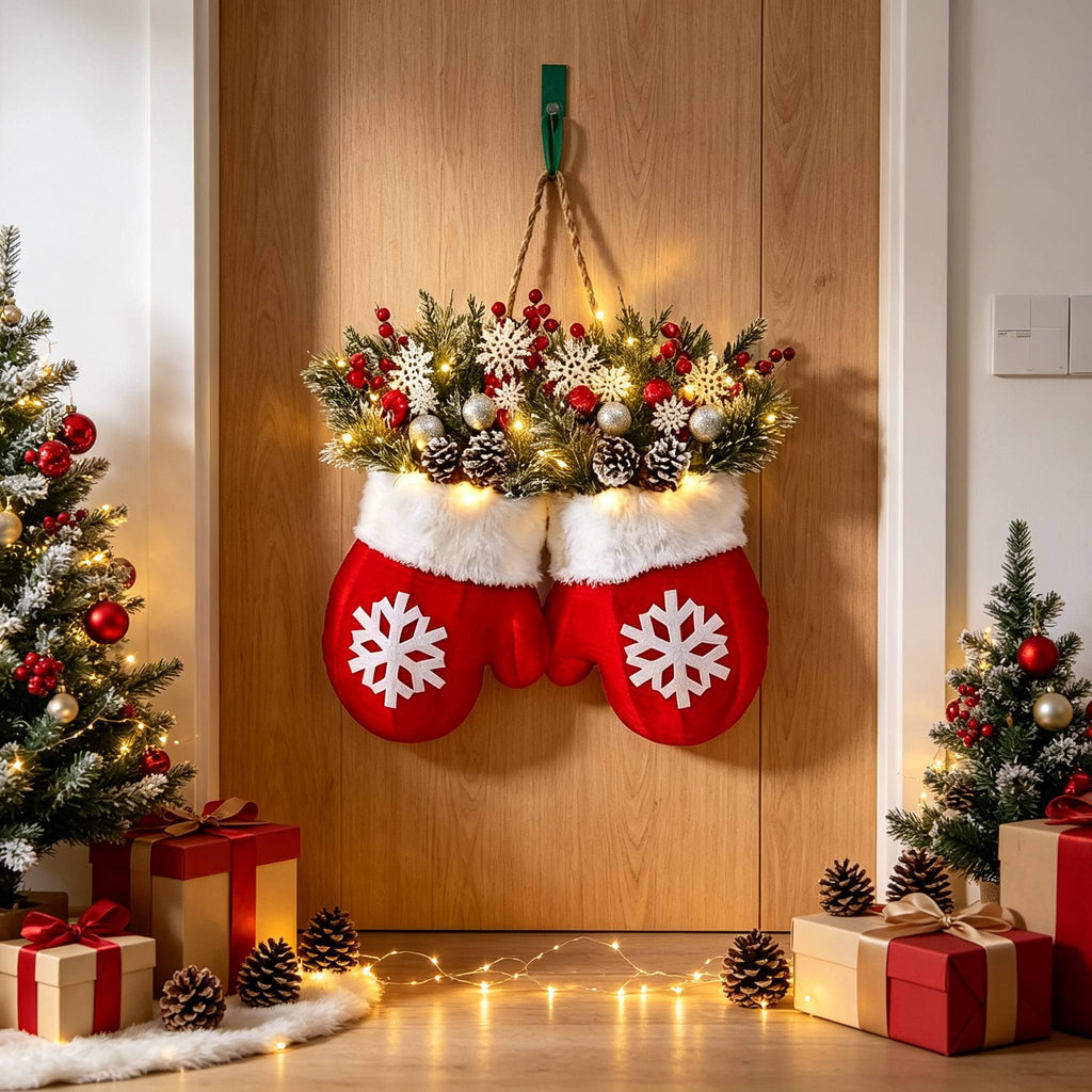 LED Twinkling Christmas Wreath with Twinkling & Artificial Pine Garland - Suitable for Front Door, Wall Decor, / Holiday Decoration - Plastic Mitten Wreath with Red Berries and Pine Branches Halloween Christmas