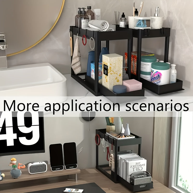 Under Sink Organizer 2 Pack with 8 Hooks, Two-Tier Cabinet Storage Racks for Kitchen and Bathroom, Pull-Out or Fixed Basket Options