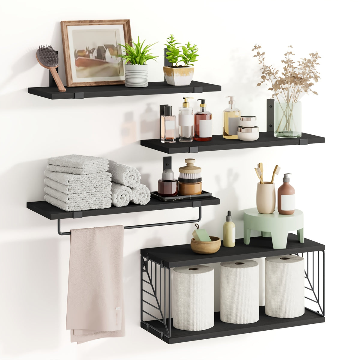 TOMNK 3/4pcs Wall Mounted Floating Storage Rack, Rustic Wood Wall Shelf with Guardrail, Multifunctional Display Unit for Bedroom, Living Room, Bathroom And Kitchen