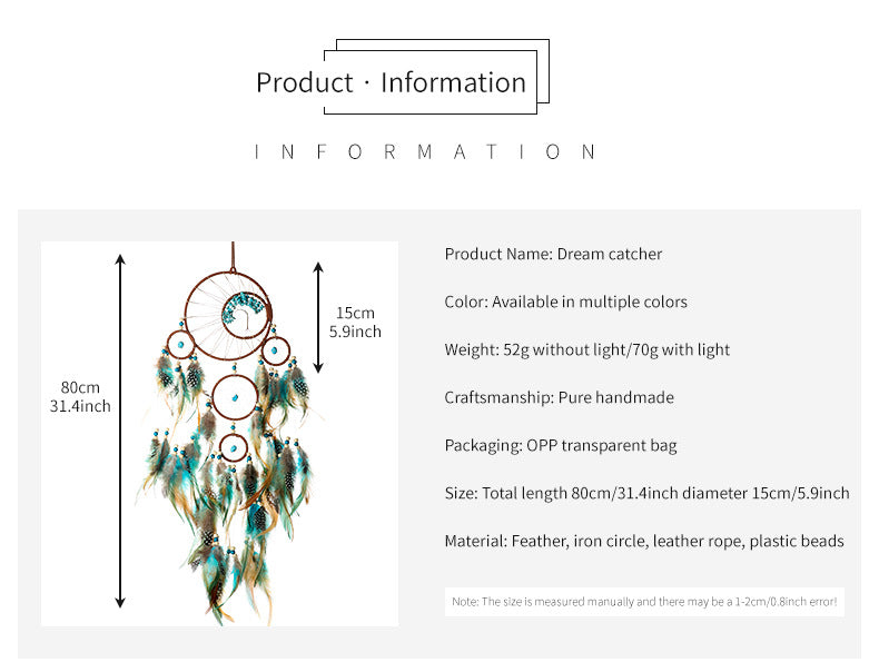 Bohemian Dream Catcher Pendant with Feathers - Natural Elements Door Hanging Decor for Bedroom, No Electricity Needed, Unique Birthday Gift for Girls & Women