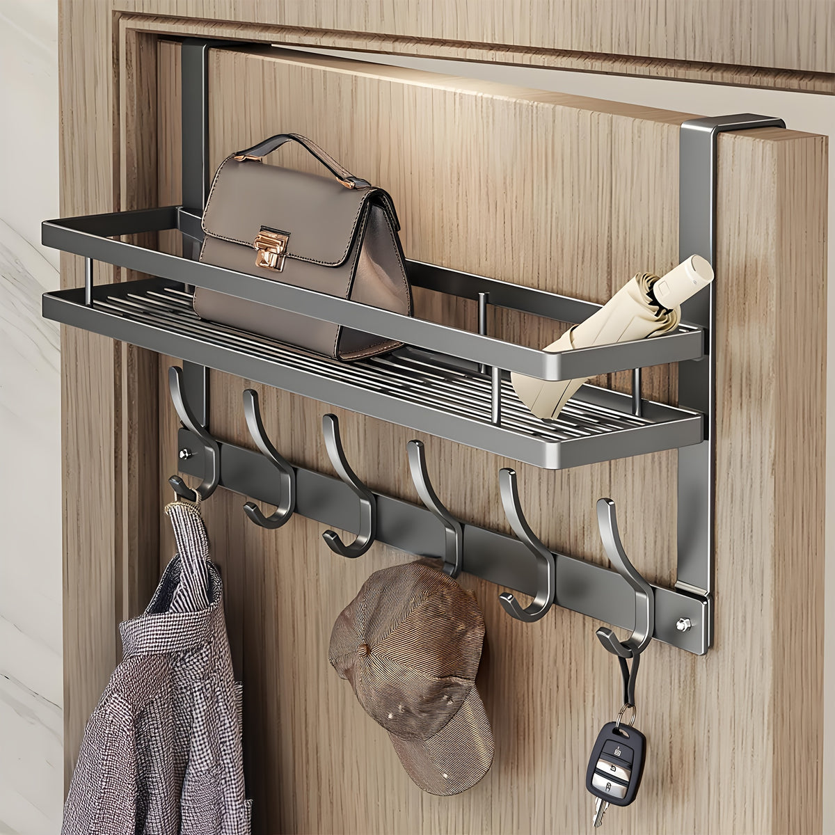 1pc Door Storage Rack with Hooks - Easy Install.Metal Construction.Multifunctional Metal Hook, Durable And Space-Saving for Bedroom, Bathroom, Or Entryway - Perfect for Clothes, Bags, Keys, And More.