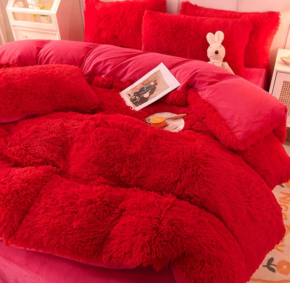 4pcs Fluffy Comforter Cover Set Queen King, Soft Plush Duvet Cover Set with Pillow Shams, All Season Cozy Bedding, No Insert