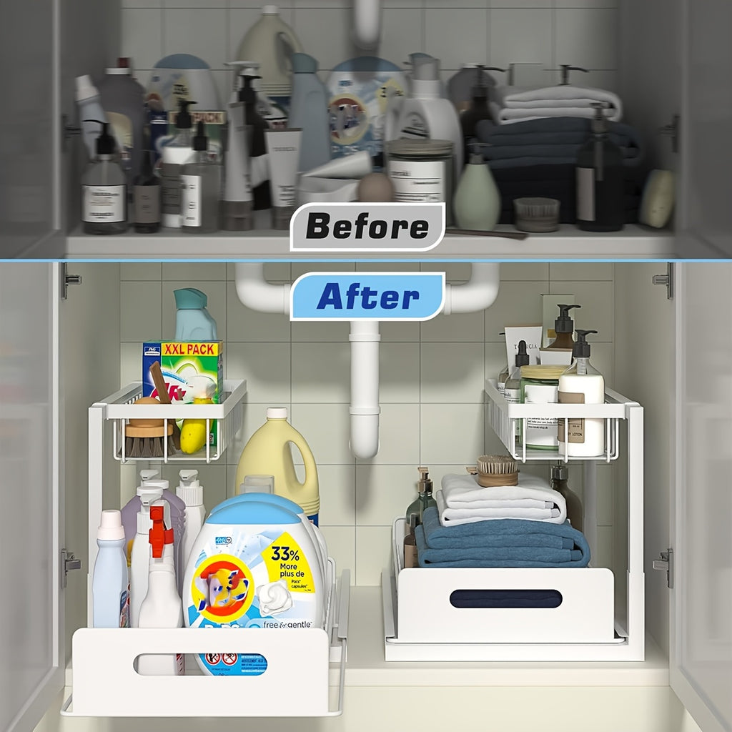 2-Tier Under Sink Organizers And Storage, Under Sink Organizer, Slide Out Pull Out Cabinet Organizer Shelf, Metal Sliding Drawer for Kitchen Bathroom Pantry Cabinet Closet Organization Rack (1 PACK/2 PACK)