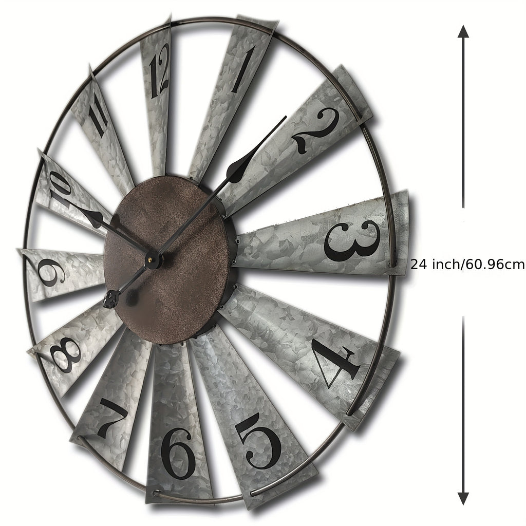 Windmill Wall Clock, 24 Inch Galvanized Metal Farmhouse Analog Clock with 3D Blade Design and Battery Operation for Living Room, Kitchen and Dining Room