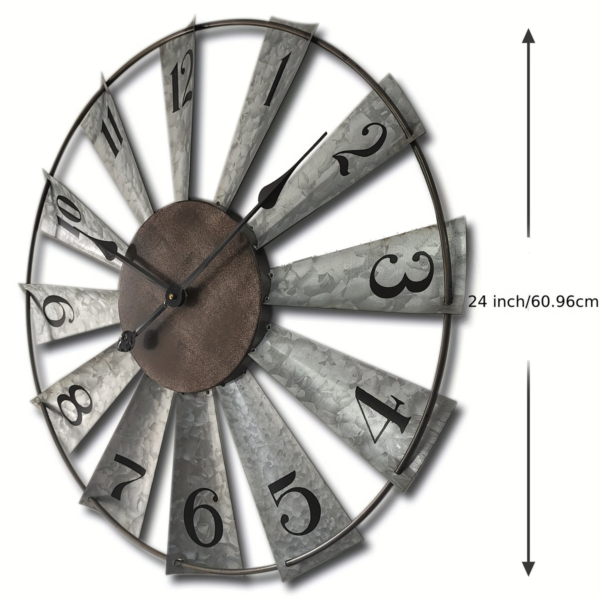 24 Inch Large Modern Farmhouse Clock, Vintage Analog Clock 3D Windmill Blades, Galvanized Metal Art Room Wall Decor Clocks Battery Operated, Quiet Mechanical, Home Decoration for Living Room, Kitchen, Dining Room, Bedroom, Porch, Front Door