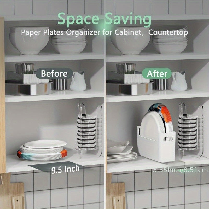 Disposable Plate Organizer, Plastic Storage Holder for 6–9.5 Inch Plates with Side Handles and Stackable Design for Kitchen, RV and Picnic Setup