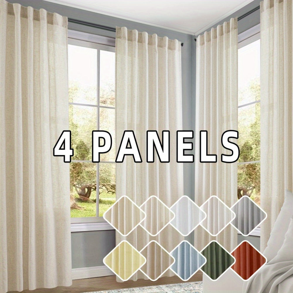 4 Panels Natural Linen Curtains for Living Room Semi Sheer Farmhouse Real Flax Rod Pocket Back Tab Boho Rustic Light Filtering Window Drapes for Bedroom Privacy Assured