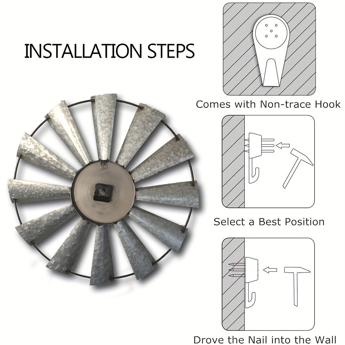 Windmill Wall Clock, 24 Inch Galvanized Metal Farmhouse Analog Clock with 3D Blade Design and Battery Operation for Living Room, Kitchen and Dining Room