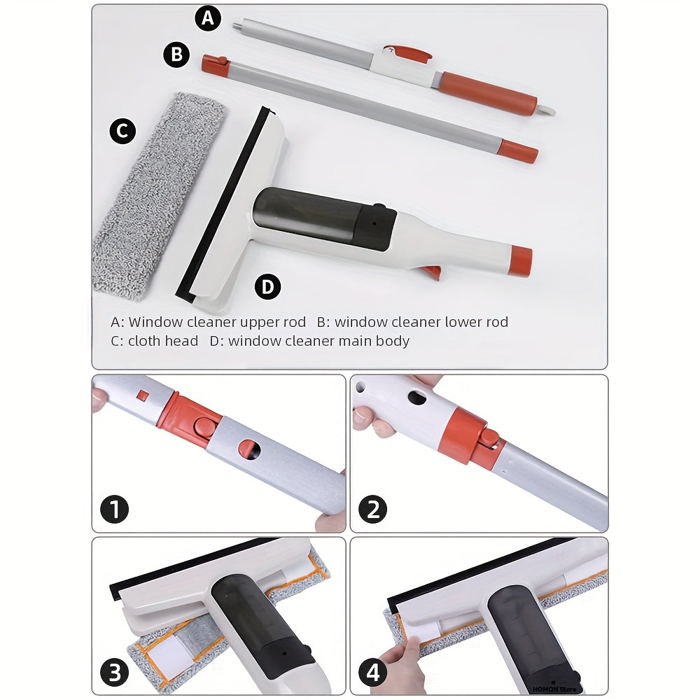 [3-in-1 Glass Cleaning] 3-in-1 Glass Cleaning Kit - Durable Metal Pole, Scraper Included - Ideal for High Windows, Shower Doors & Car Windshields - Essential Home Cleaning Tool