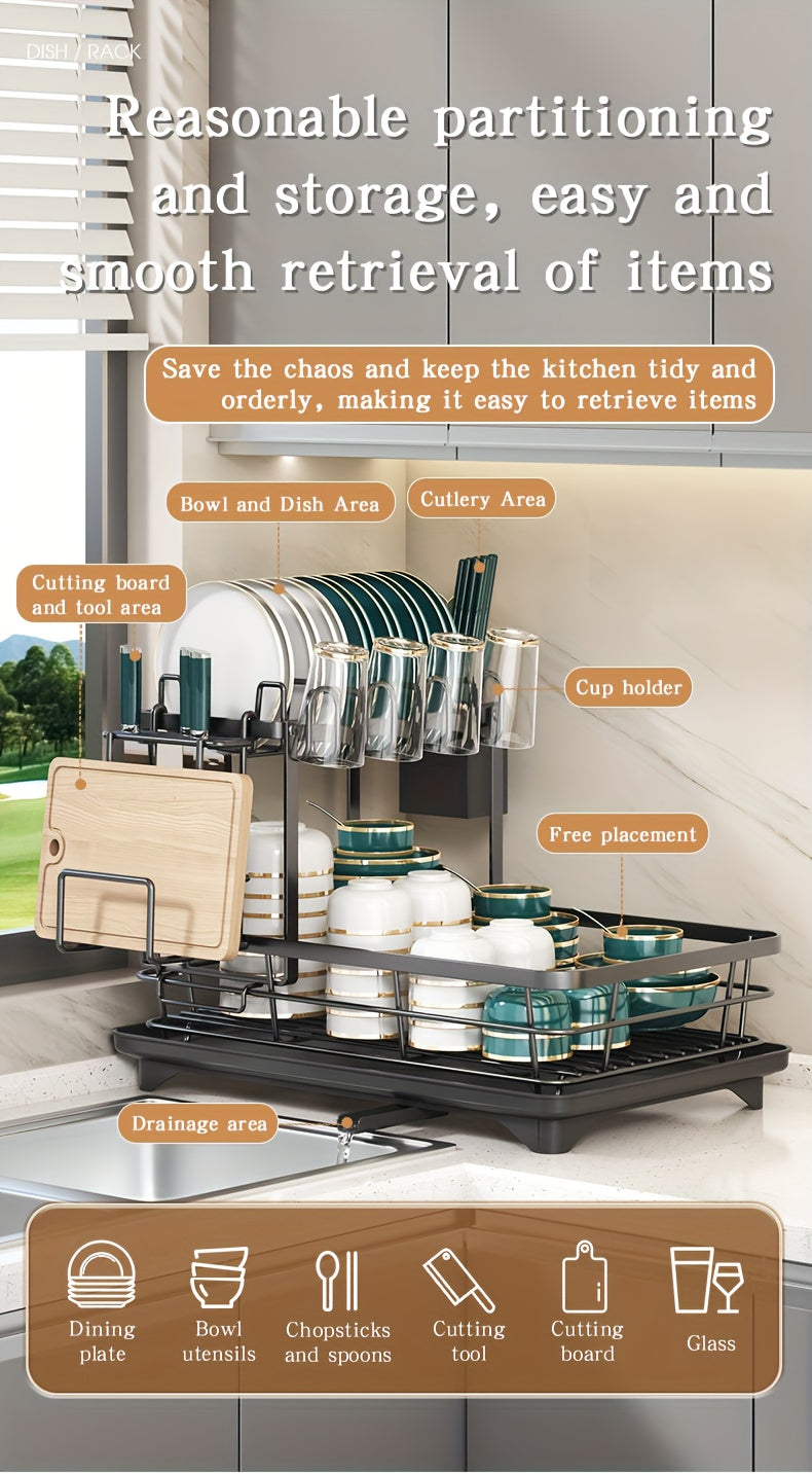 2-Tier Metal Dish Drying Rack, Suitable for Types of Countertops. Space-saving and Durable, Comes with Cutlery Holder, Cup Holder, and Rust-proof Drip Tray. Helps Your Kitchen Neat and Organized.