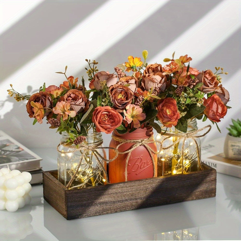 3pcs Mason Jar Centerpiece Table Decorations for Dining Table Decor Farmhouse Coffee Table Decor with Wood Tray and Led Light Table Centerpieces for Dining Room Kitchen Living Bathroom, Pink