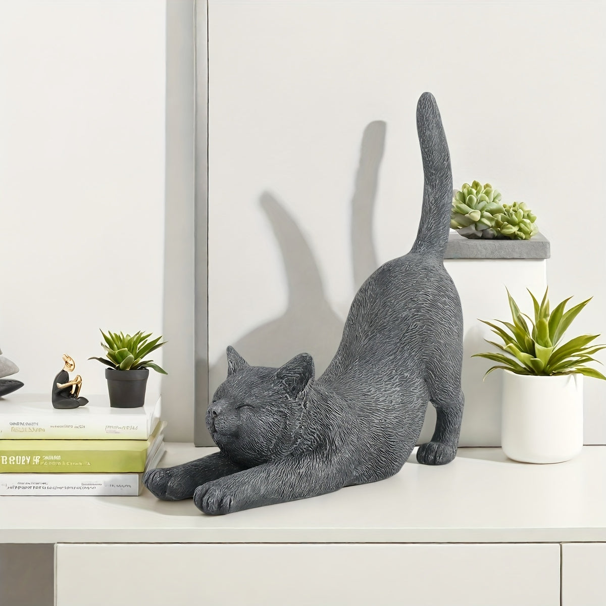 Yoga Cat Statue in Grey Resin, Hand-Painted Stretching Cat Figurine for Home, Office and Garden Decor, Decorative Sculpture Gift for Cat Lovers