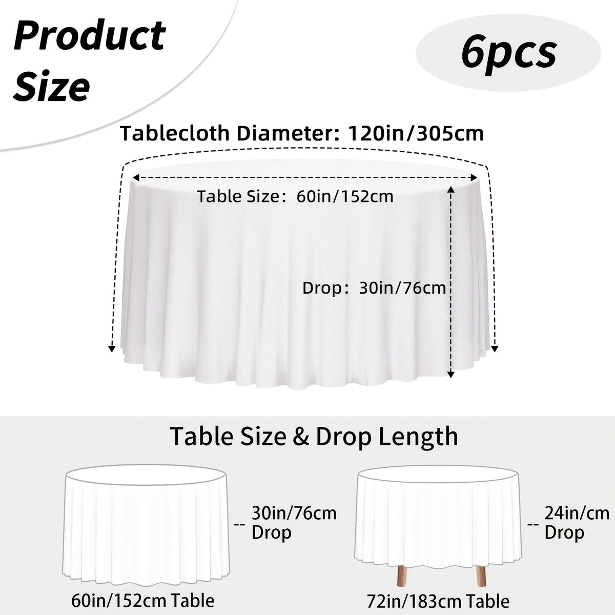 WHONLINE 6/10pcs Round Tablecloth 90/120 Inch, White/Black, Table Cloth, Washable Polyester Table Cover for Dining Tables, Buffet, Parties And Camping, for Weddings, Graduation, Summer Party