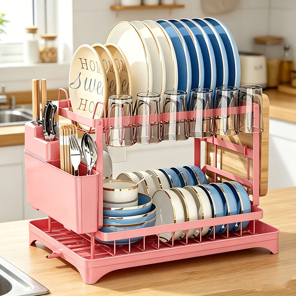 2 Tier Dish Drying Rack for Kitchen Counter, Dish Drainers for Kitchen Counter with Drainboard, Metal Kitchen Dish Rack with Drain, Kitchen Drying Rack Two Tier, Black Dish Racks