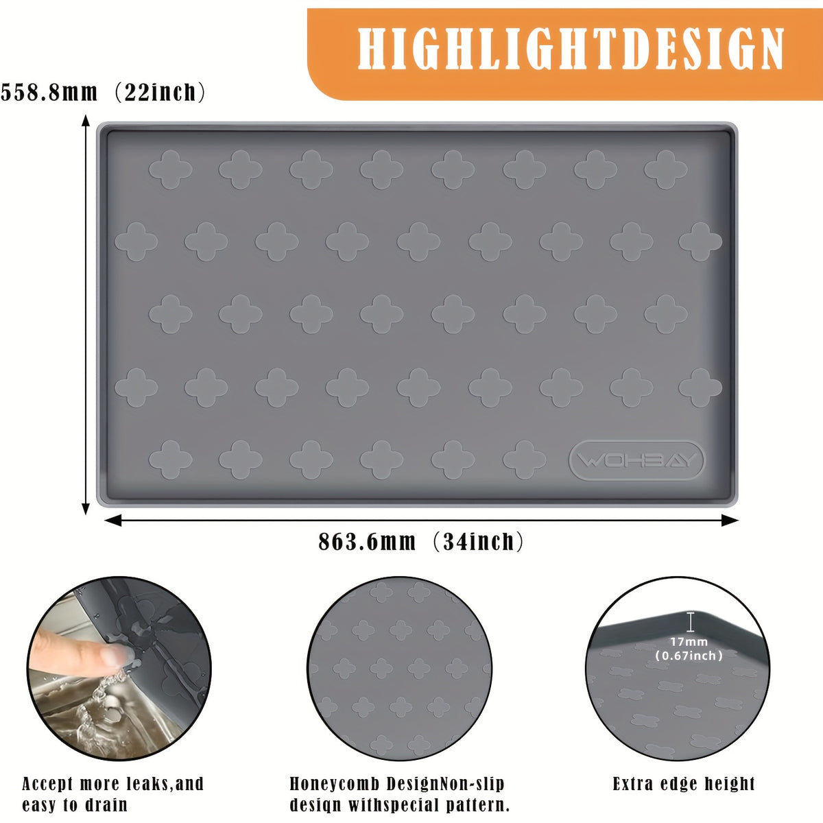 Waterproof Under Sink Mat 34" X 22", Kitchen Cabinet Liner And Drawer Shelf Liners, Protectors for Kitchen Organizers And Storage, Silicone Mat Boot Tray