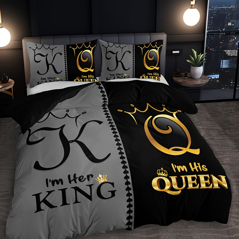 3pcs Super Soft Breathable Crown King And Queen Letter Duvet Cover Set (1 Duvet Cover+2 Pillowcases Without Pillow Core), at Home Dormitory High Definition Numerical Code Printing for Bedroom, Guest Room Decor, Suitable for All Seasons