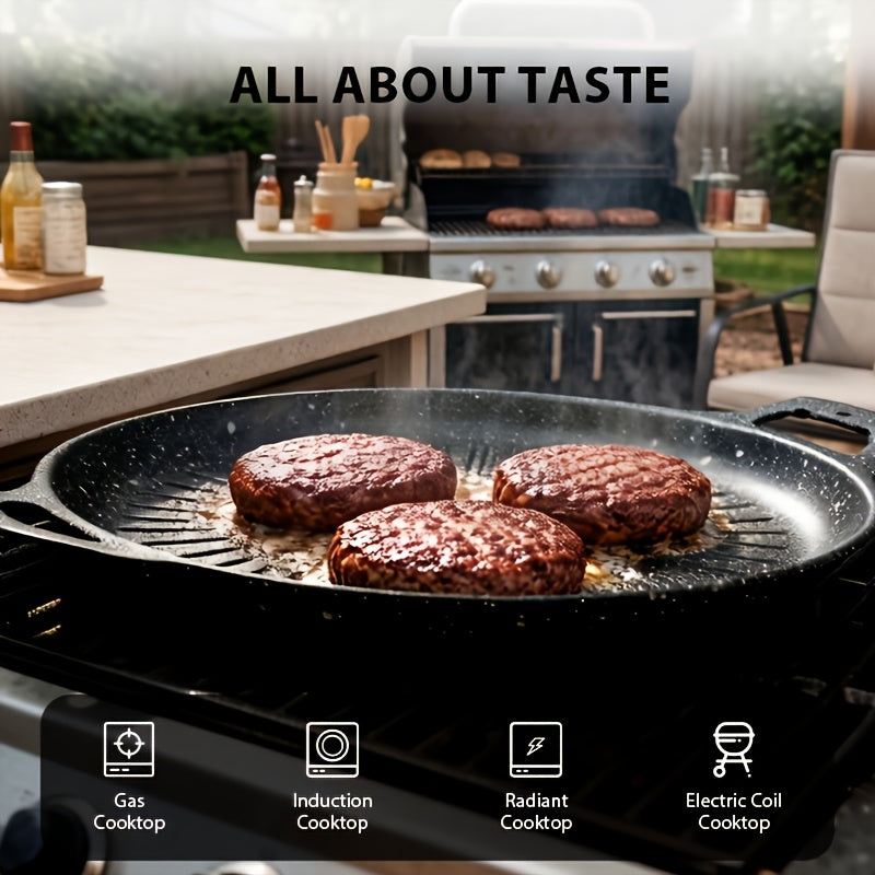 Non-Stick Frying Pan with Oil Brush, BBQ Griddle Pan with Even Heat, Oil Drain Groove And Double Handles, Multi-Functional Non-Stick Pan, Easy Clean, for Outdoor Cooking, Family Gatherings And Restaurant Use