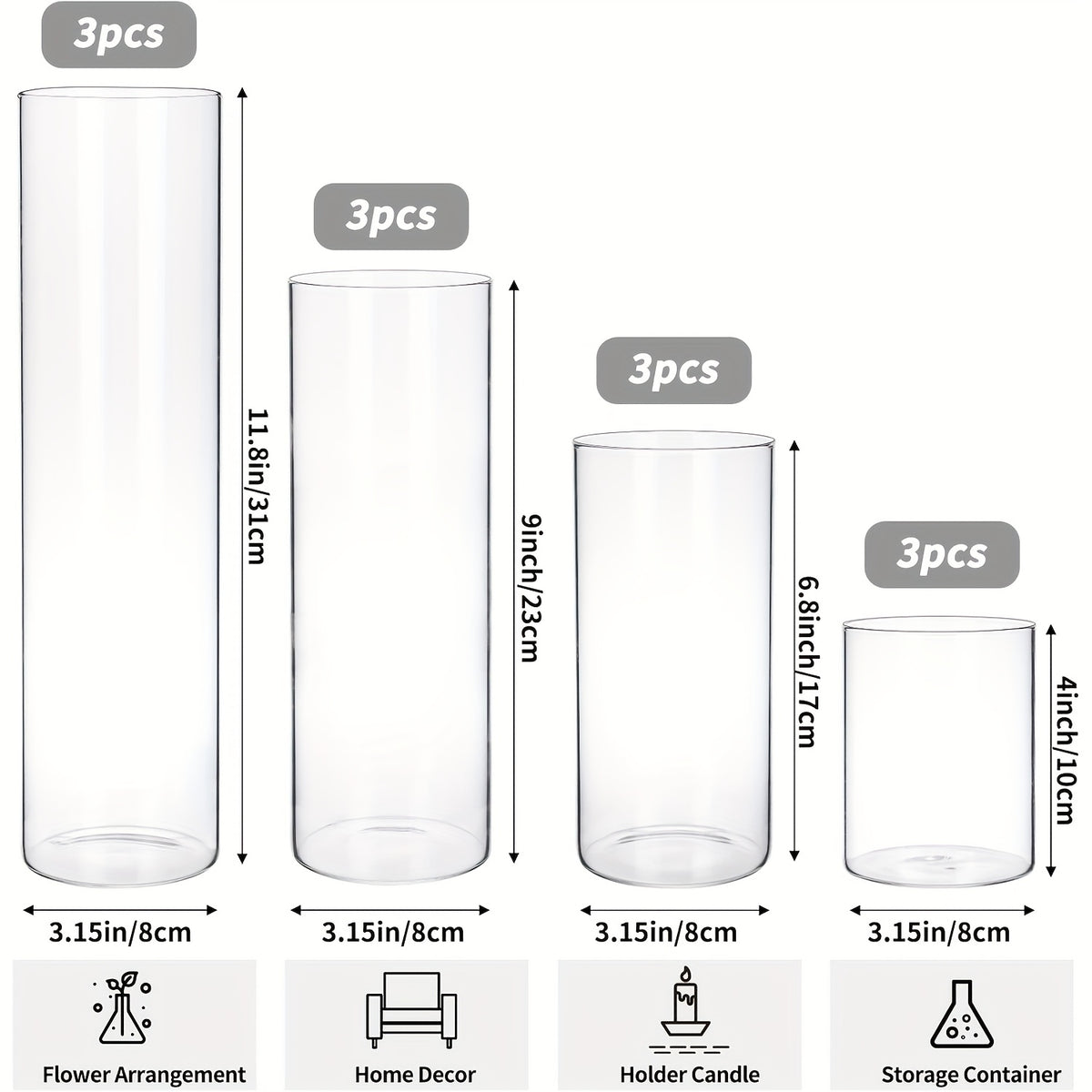 TOMNK 12/20/24pcs Clear Cylinder Glass Vases, Includes 4/5 Sizes, Tall Boho Style Decorative Clear Vases for Wedding Centerpieces, Rustic Home Decor, Formal Dinners Centerpieces, Party Events Floating Hurricane Candle Holder Vases