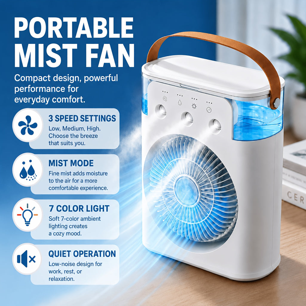 Portable USB Mist Fan With A Powerful 3300mAh Rechargeable Battery, Three Wind Speeds And Two Mist Modes, Comes With A Seven-color LED Mood Light And Timer Function, Perfect For Bedrooms, Offices, Dorms, And Camping To Help Ease The Summer Heat.