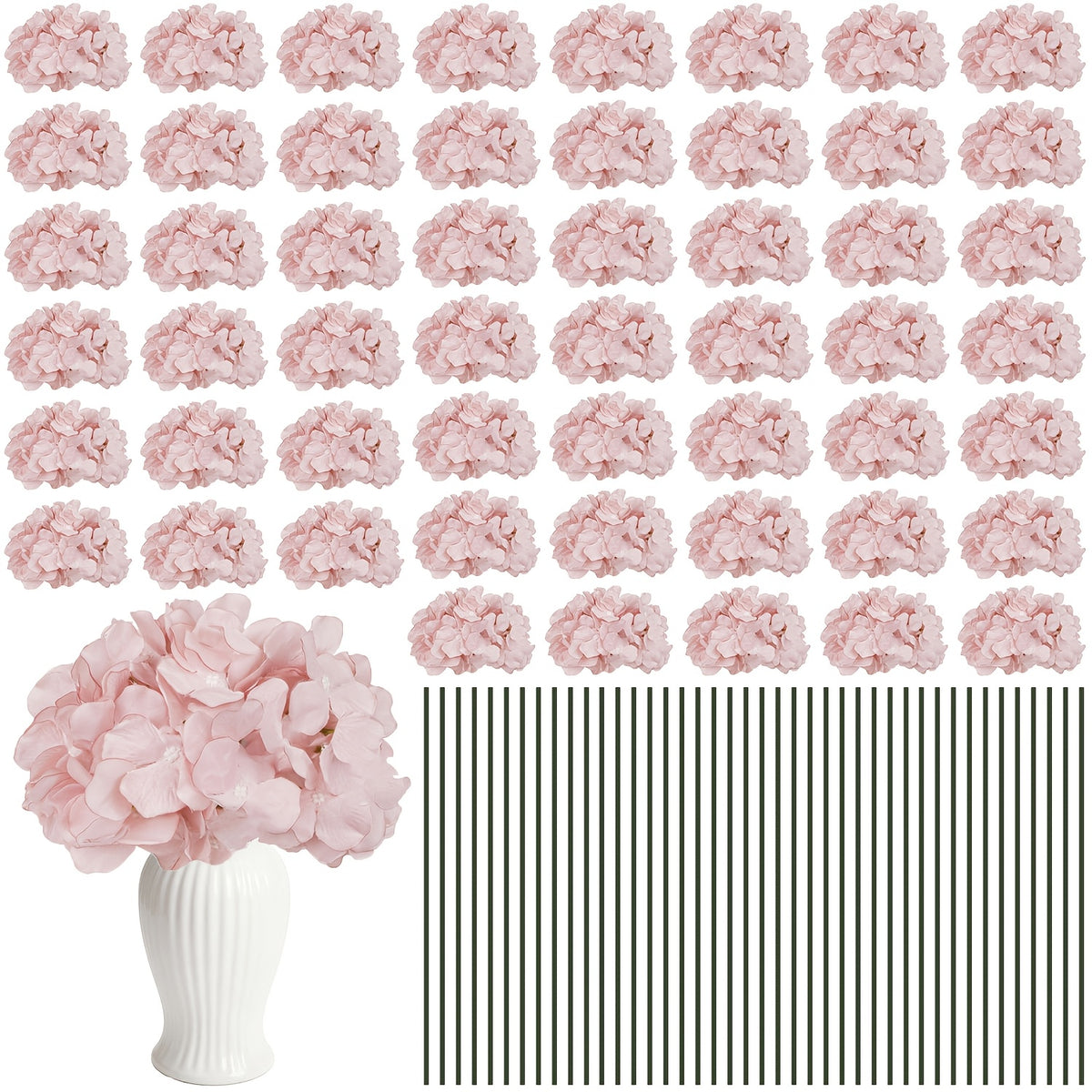 Set of 24 Synthetic Hydrangea Blooms with Stems, Ideal for Wedding Decorations, Home Parties, Baby Showers, And Store Displays. These Floral Arrangements Are Long-Lasting And Can Be Reused, Available in White, Orange, Blue, Dreamy Purple, Champagne