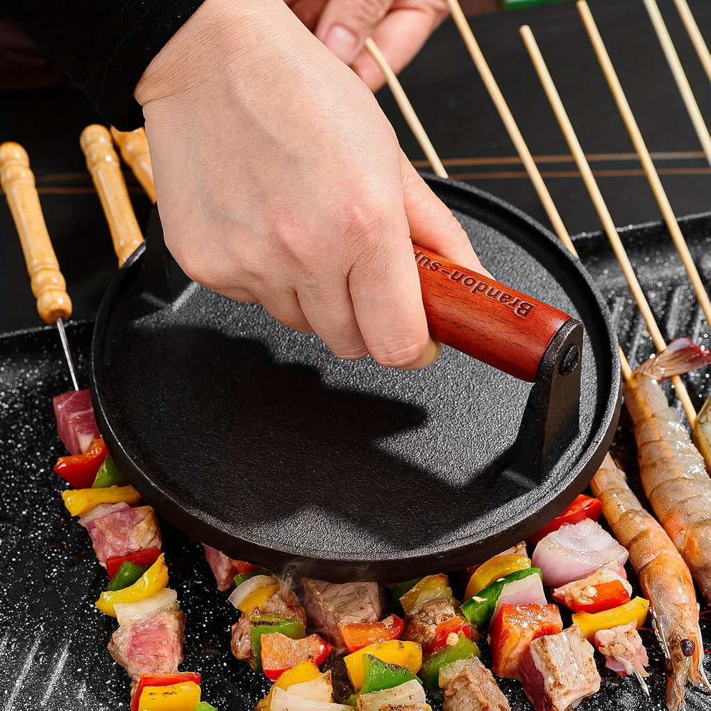 2pcs Cast Iron Burger Press Kit Pressure Plate - Round And Rectangular Heavy Meat Minced Meat with Wooden Handle for Baking Trays, Sandwiches, Suitable for Family Gatherings, Picnics, Camping