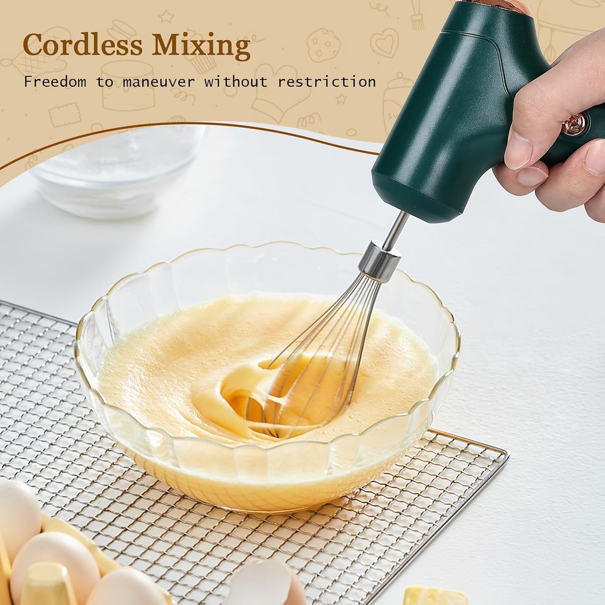 Hand Mixer | Household Cordless Electric Hand Mixer, USB Rechargeable, 304 Stainless Steel, With 2 Detachable Stir Whisks, 3 Speed Modes for Kitchen Baking