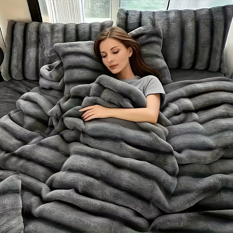 A Faux Rabbit Fleece Blanket, Double Layer Thickened, All Season, King/Queen Size, Winter Blankets Soft Warm, Throw For Adults Reversible Machine Washable Blanket, For Home, Car, Office, Travel, Couch Cover, Christmas, Halloween Gift, Birthday Gift