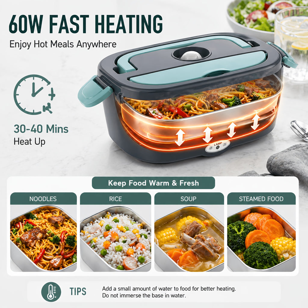 Electric Lunch Box Food Warmer with DC12-24V Car and AC120V Home Power, Portable Divided Meal Container and Insulation Bag for Office Travel