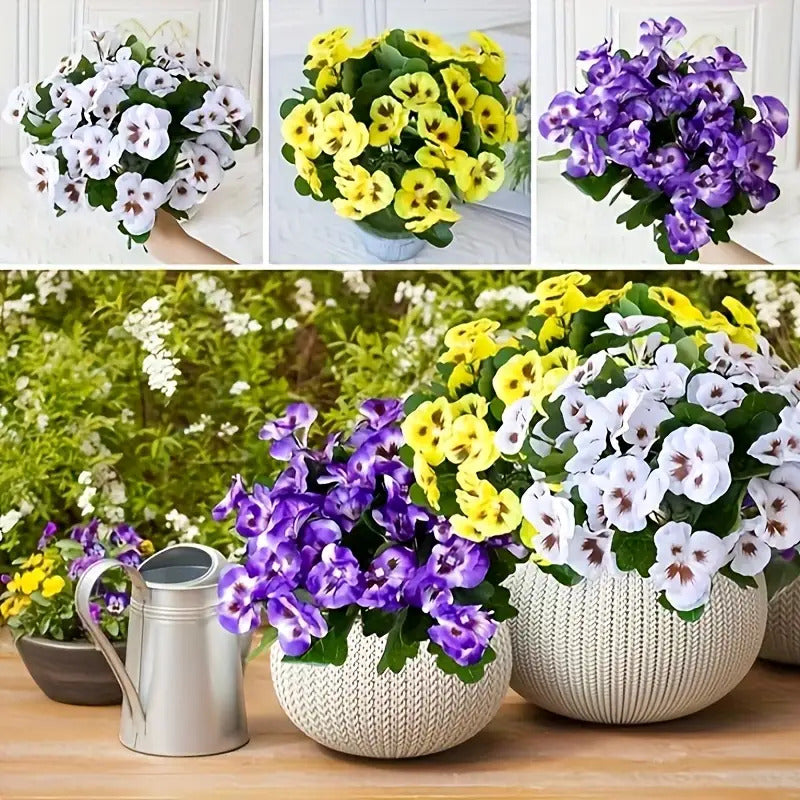 6 Bunches Realistic Artificial Pansy Flowers - Weather-Resistant Plastic Blooms for Indoor/Outdoor Use, Low-Maintenance Home & Garden Decor, White/Purple/Yellow Colorful Display, No Container Needed, Artificial Flowers for Outdoors, Outdoor Floral Arrange