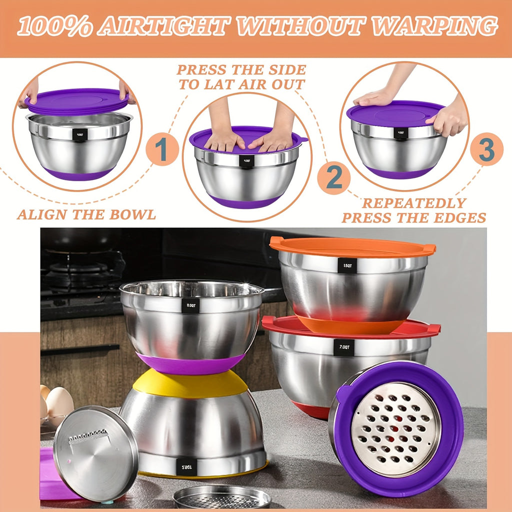 26pcs Mixing Bowls with Airtight Lids, Stainless Steel Bowls Set, 3 Grater Attachments & Black Non-Slip Bottoms Size 7, 4, 2.5, 2.0, 1.5, 1QT, Great for Mixing & Serving
