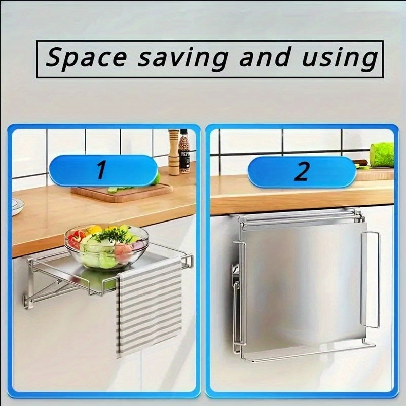 Foldable Stainless Steel Countertop Storage Rack, Silvery, Black, Kitchen Storage Rack, Cabinet Door Hanging Table Board, Bathroom Shelf, Multi-functional Hanging Cabinet Door Organizing Rack, Space-saving