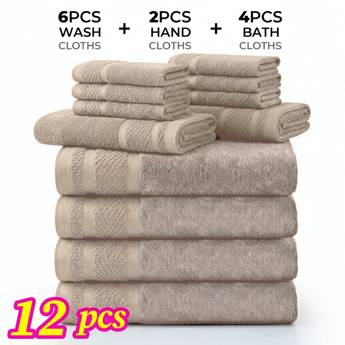 12/24pcs Bath Cloths Set, Hotel Quality Thick Bath Cloths | Highly Absorbent & Quick-Dry | 4 Bath Cloths & 6 Hand & 2 Washcloths, Cotton For Hotel Spa Gym & Home Bathroom Essentials, Wash Cloths