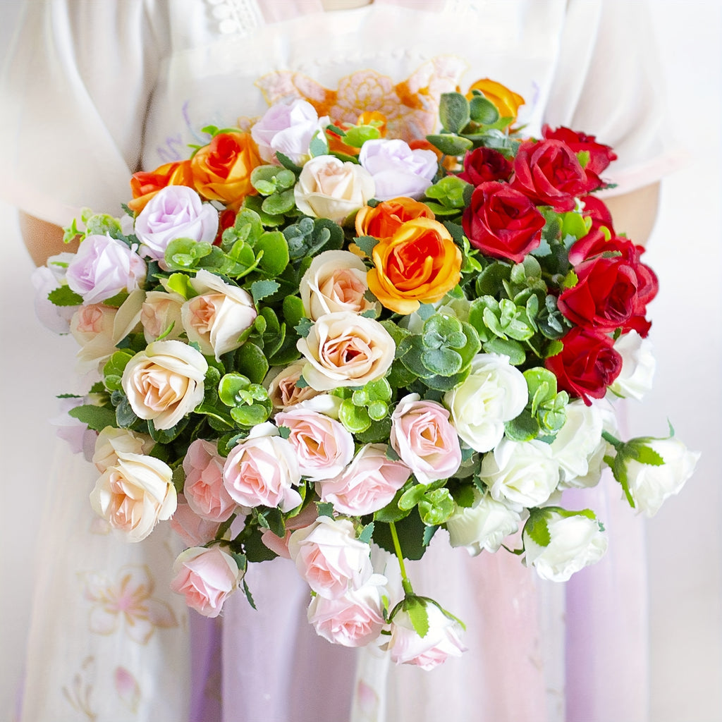 4 Bunches of Realistic Artificial Roses - Vibrant Pink, Red, White And Green Plastic Faux Flowers, Suitable for Valentine'S Day, Weddings, Home Decoration, Indoor/ Outdoor Flower Arrangements (No Maintenance Required)