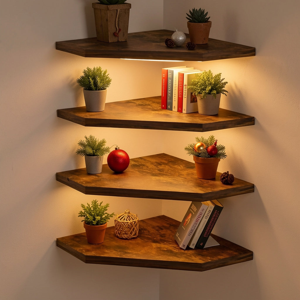 Wooden Corner Wall Shelves, Country Style Floating Storage in Brown, Black or White with 2, 4 or 6 Piece Sets for Small Space Organization
