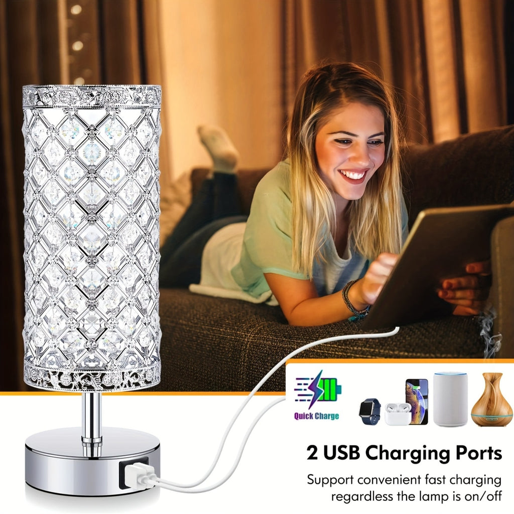Touch Control Crystal Table Lamps With 2 USB Ports, 3-Way Dimmable Bedside Nightstand Lamps With Decorative Crystal, Small Table Lamps For Bedrooms Living Room, Office, Led Bulb Included