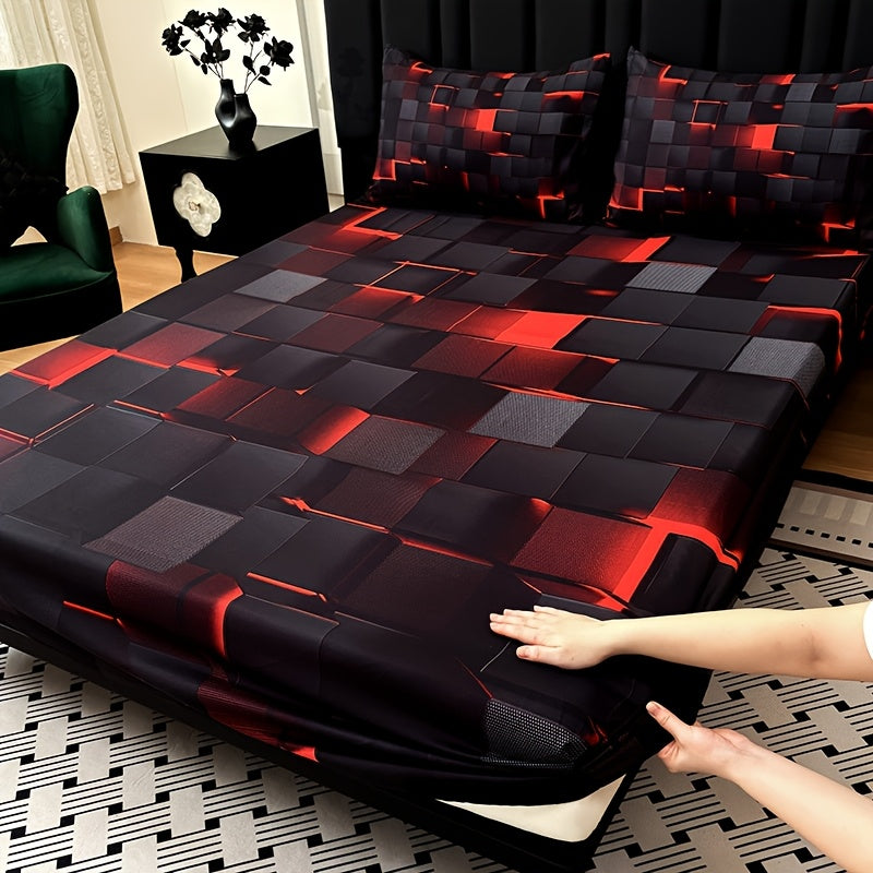 2D Flat 3pcs Cool Technology Digital Printing Material Plaid Fitted Sheet(1pc Bed Sheet+2pcs Pillowcase No Filling) Deep Pocket In 15 Inch, At Home Dormitory Suitable for All Seasons Mattress Protector