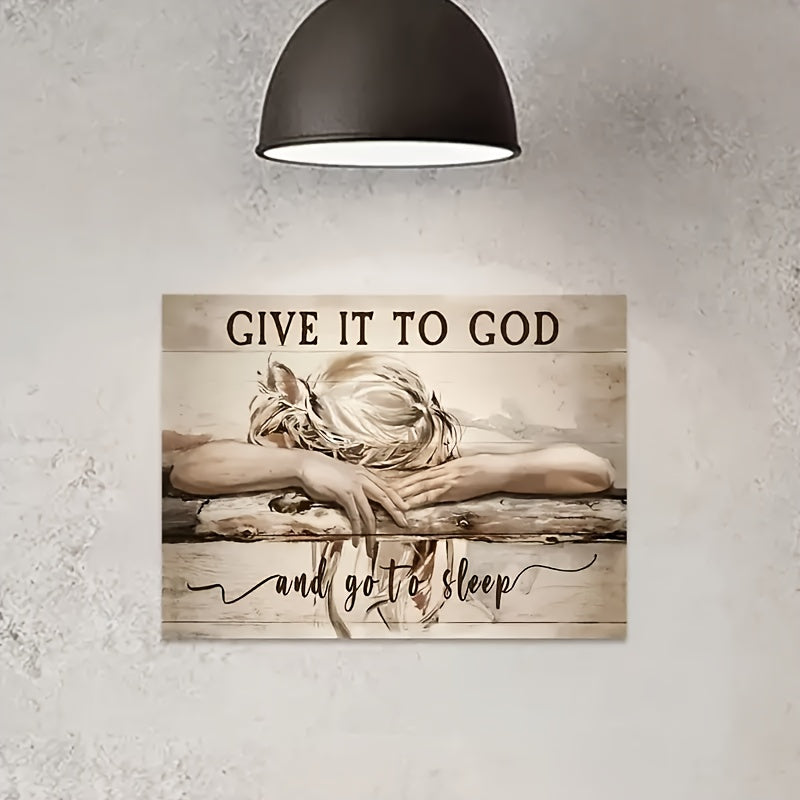 1pc Framed Painting Sleeping Girl Give It To God And Go To Sleep Canvas Posters And Prints Wall Art Pictures With Frame For Living Room & Bedroom, Home Decoration, Festival Gift For Her/Him, Ready To Hang  for Halloween&Christmas