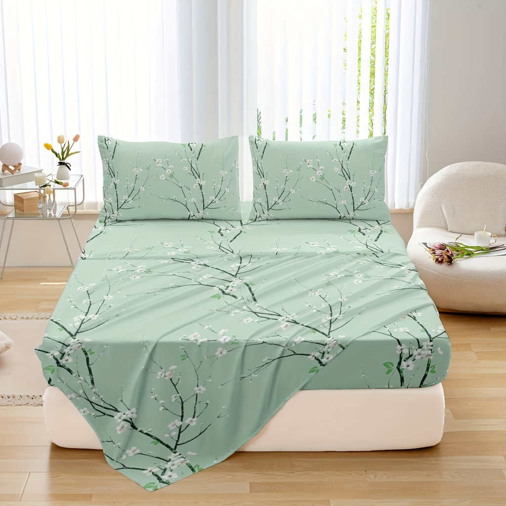 4pcs Multicolour Tree Branch Plum Blossom Sheet Protector Bed Sheet Pillowcase Four-piece Set (1 Bed Cap +1 Bed Sheet +2 Pillowcase Without Pillow Core), Deep Pocket In 15 Inch, Bedroom Dormitory High Definition Printing Room Decor