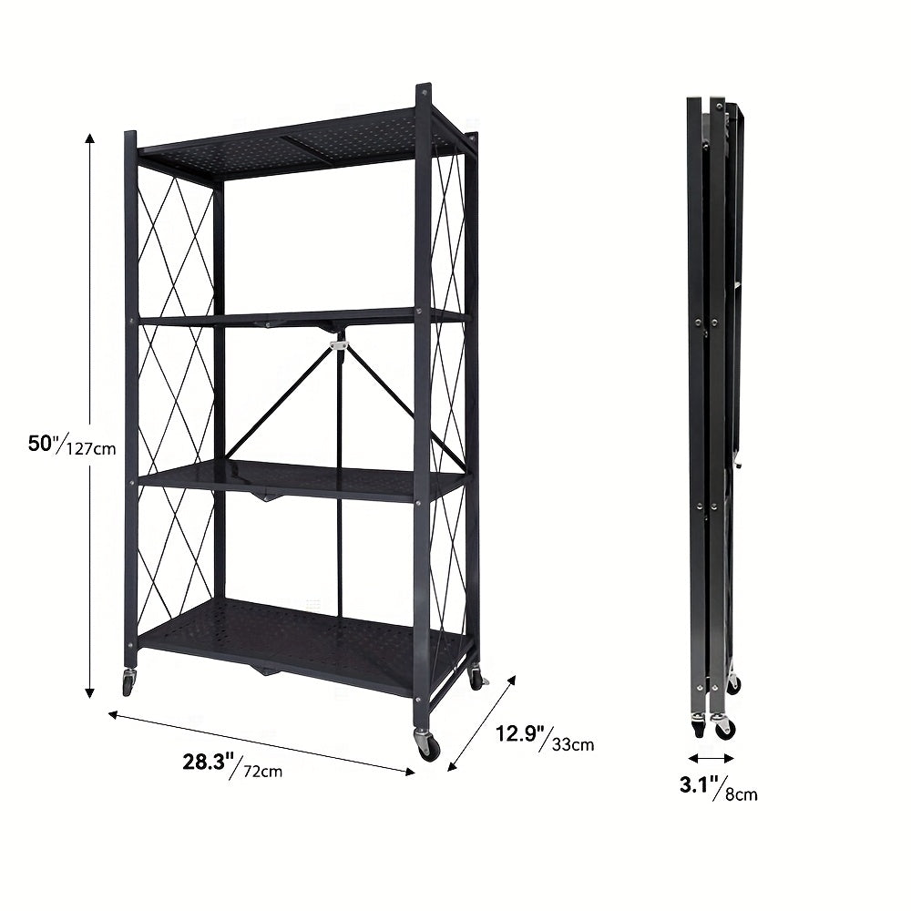 3/4/5- Tier Movable Vertical Multi-Functional Storage Racks, Portable Metal Folding Storage Racks with Locking Wheels, Large - Capacity Kitchenware Storage Racks That Require No Installation. Suitable for Families, College Dormitories