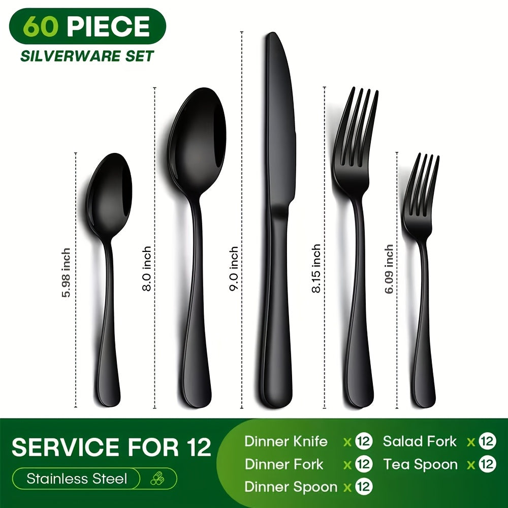 24/60pcs Silvery/Black Stainless Steel Tableware Suitable for 4/12 People to Use, Steak Knife, Salad Fork, Dessert Spoons, Cutlery Set with Gift Box, Kitchen Additions, Home Outdoor, Wedding Camping Stuff, Christmas Party Gift, Dishwasher Safe